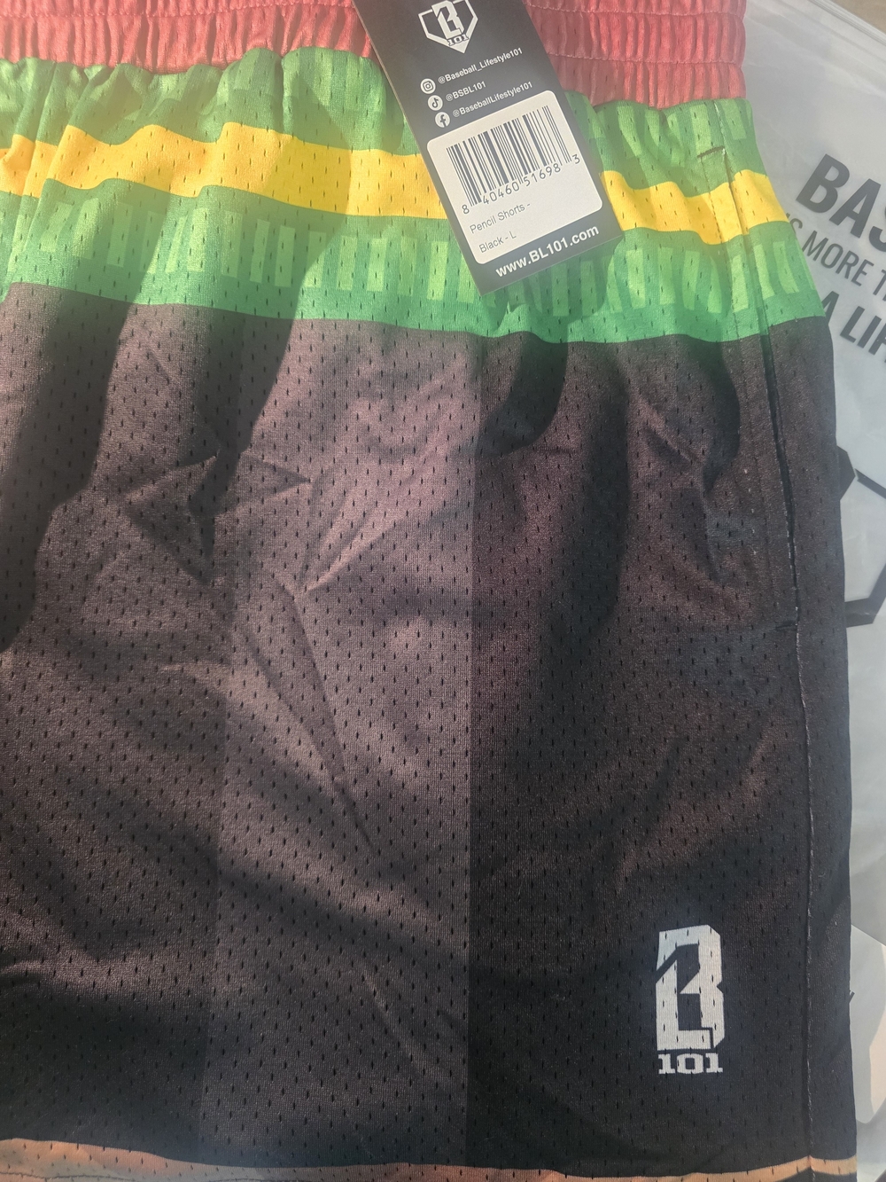 B-101 Men's Black Mesh Athletic Shorts with Red, Green & Yellow Waistband